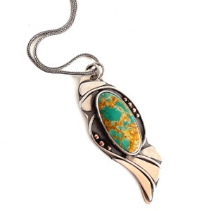 Kingman Turquoise Art Nouveau Inspired Botanical Sterling and Copper Pendant, Necklace Metalsmith Rachel M Post image 1