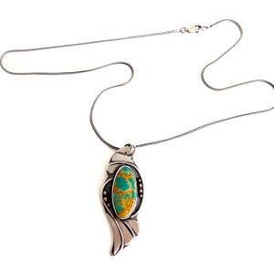 Kingman Turquoise Art Nouveau Inspired Botanical Sterling and Copper Pendant, Necklace Metalsmith Rachel M Post image 3