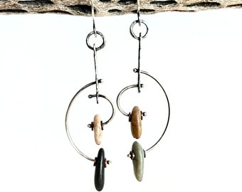 Modernist Style Hoops - Sterling Silver and Copper - Beach Stone Earrings #1 - Metalsmith Rachel M Post