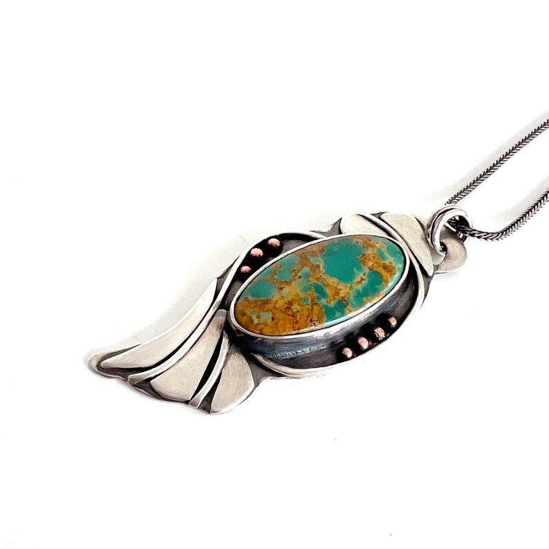 Kingman Turquoise Art Nouveau Inspired Botanical Sterling and Copper Pendant, Necklace Metalsmith Rachel M Post image 2