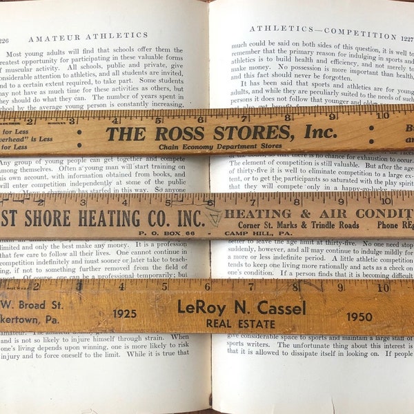 Your Choice! Vintage 1950s Promotional, Advertising Wooden Rulers - LeRoy N. Cassel, The Ross Stores, West Shore Heating