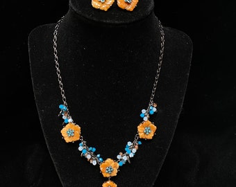 Vintage QVC Joan Rivers Classics Collection gesneden bloemen ketting en oorbellen met Swarovski kristal