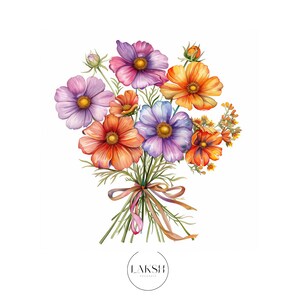 May include: A watercolor painting of a bouquet of flowers with pink, purple, orange, and yellow blossoms. The flowers are tied together with a pink ribbon.