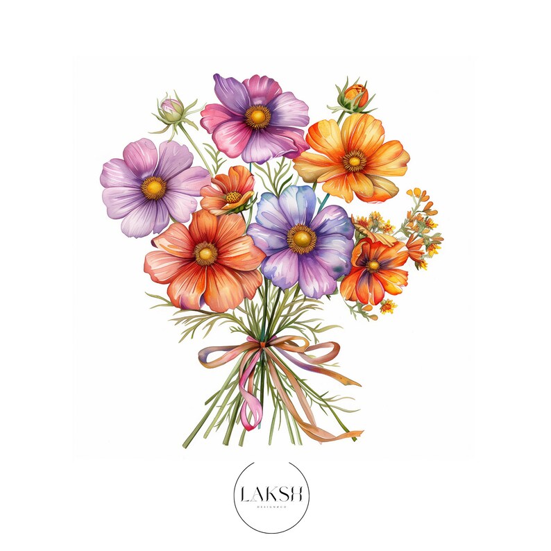 May include: A watercolor painting of a bouquet of flowers with pink, purple, orange, and yellow blossoms. The flowers are tied together with a pink ribbon.