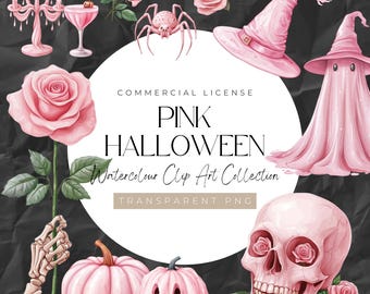 Pink Halloween Clipart | Watercolor PNG Set (300 DPI)