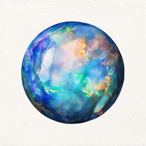 May include: A round, iridescent opal gemstone with a blue, green, and purple colour scheme. The opal has a smooth, polished surface and a translucent appearance.