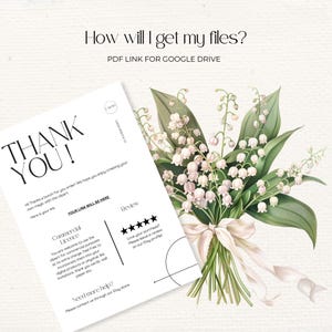 May include: A white card with black text that says "Thank You!" and includes information about a commercial license and a review section. The card is partially obscured by a bouquet of white lily of the valley flowers with green leaves and a white ribbon.