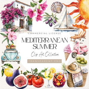 Clipart estate mediterranea - 106 PNG / Limoni, fichi, limoncello, olive, vita marina, decorazioni da spiaggia, piastrelle, scooter e altro / Download digitale