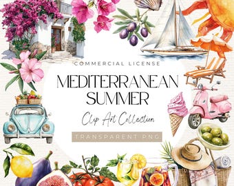 Mediterranean Summer Clipart – 106 PNGs | Lemons, Figs, Limoncello, Olives, Sea Life, Beach Decor, Tiles, Scooters & More | Digital Download