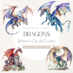 Dragon Watercolour Clip Art Collection, Dragon theme, Fantasy clip art, Fantasy theme, Mystical Dragon, Dragon art, Dragon clipart, 300 DPI