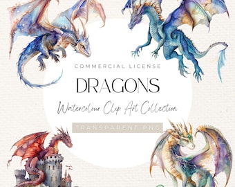 Dragon Watercolour Clip Art Collection, Dragon theme, Fantasy clip art, Fantasy theme, Mystical Dragon, Dragon art, Dragon clipart, 300 DPI