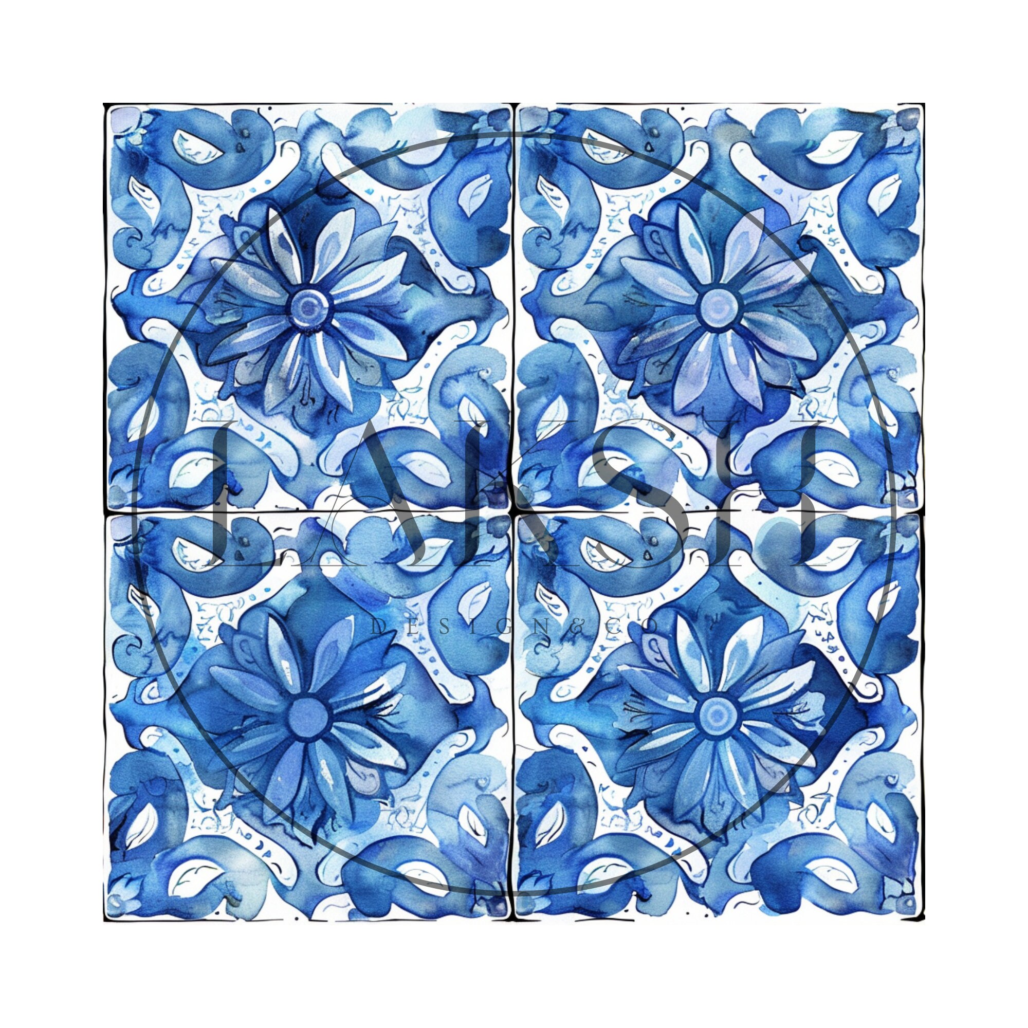 Amalfi Tile Pattern, Blue, Yellow, and Lemon Digital Paper (PNG