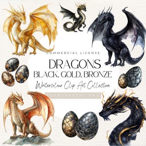 Coleção de 18 Clip Art de Dragão | Dragões Pretos, Dourados e Bronze | Dragões Místicos, Pacote de Clipart, 300 DPI, Dragões de Fantasia, Arte de Dragão