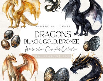 18 Dragon Clip Art Collection | Black, Gold, Bronze Dragons | Mystical Dragons, Clipart Bundle, 300 DPI, Fantasy Dragons, Dragon Art