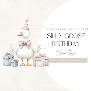 Clipart de Aniversário de Ganso Engraçado – Ganso Fofo para Festa com Presentes e Chapéu | Animais em PNG Pastel para Convites, Cartões e Decoração de Quarto de Bebê, 300 DPI