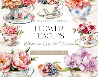Könnte beinhalten: Eine Sammlung von Aquarell-Illustrationen von Teetassen mit verschiedenen Blumen, darunter Rosen, Orchideen, Dahlien und Pfingstrosen. Die Teetassen sind mit floralen Mustern verziert und haben goldene Verzierungen. Der Text "COMMERCIAL LICENSE FLOWER TEACUPS Watercolor Clip Art Collection TRANSPARENT PNG" ist auf dem Bild zu sehen.