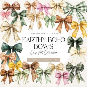 Puede incluir: Una colección de 20 ilustraciones de acuarela de lazos boho terrosos en varios colores y patrones, incluyendo verde, marrón, amarillo, rosa y blanco. El texto "Earthy Boho Bows Clip Art Collection Transparent PNG" se muestra en el centro de la imagen.