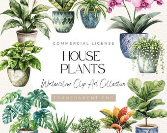 Op de afbeelding: Waterverf illustraties van verschillende kamerplanten in potten. De planten omvatten een slangplant, een vredeslelie, een spinplant, een monstera, een succulent, een vioolbladficus en een orchidee. De tekst "HOUSE PLANTS Watercolor Clip Art Collection TRANSPARENT PNG" wordt in het midden van de afbeelding weergegeven.