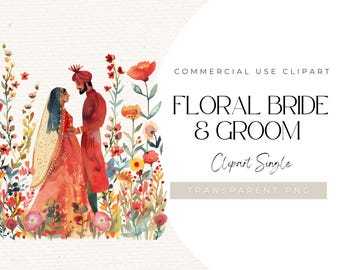 Clipart floral de boda india / Novia y novio del sur de Asia (PNG)