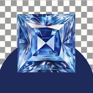 May include: A large, faceted, blue gemstone with a square shape. The gemstone is cut in a way that creates a starburst pattern of light.