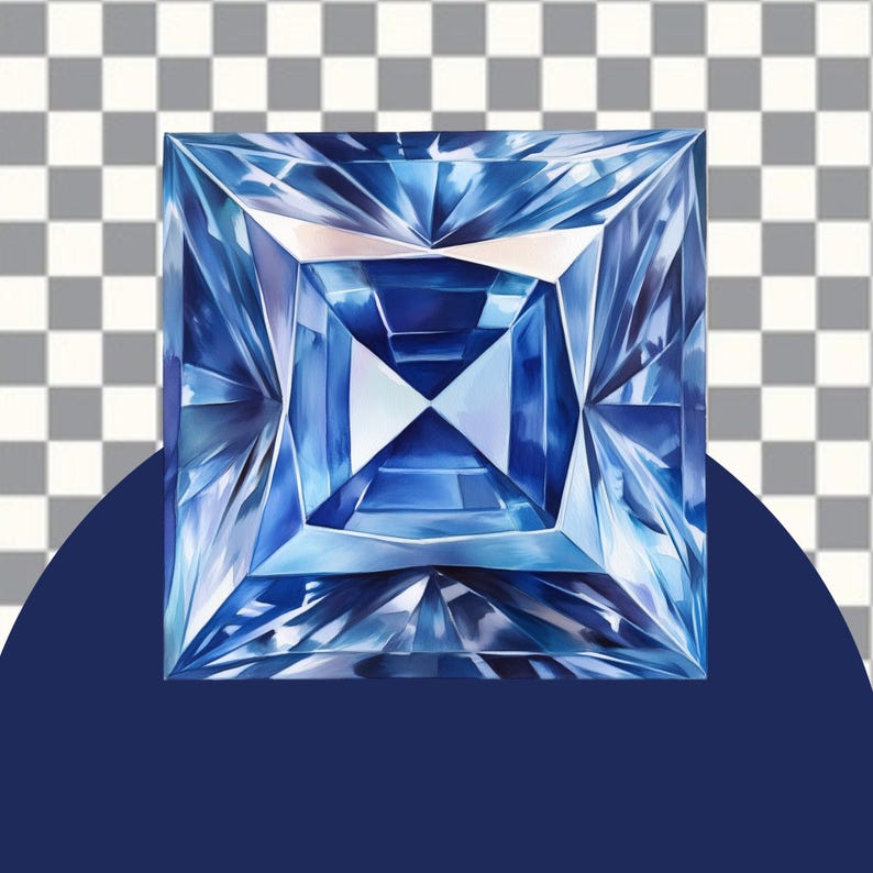 May include: A large, faceted, blue gemstone with a square shape. The gemstone is cut in a way that creates a starburst pattern of light.