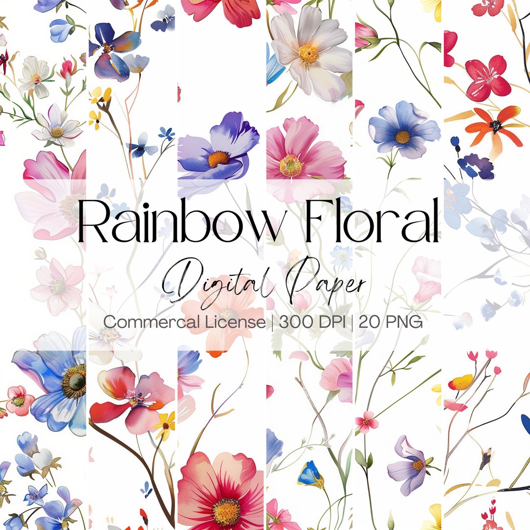 Watercolor Floral Digital Paper | Rainbow Flower Backgrounds (300 DPI ...