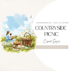Clipart de picnic campestre: Escena de acuarela de madre e hijo con flores, comida y cestas / Ilustración de prado de verano PNG, 300 DPI
