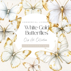 Coleção de 10 borboletas de ouro branco aquarela | Borboleta de ouro branco, borboletas de anjo, borboletas brancas, 300 DPI, transparente