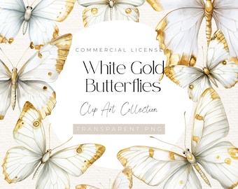Clipart di farfalla acquerello in oro bianco: elegante design per matrimonio (300 DPI, trasparente)