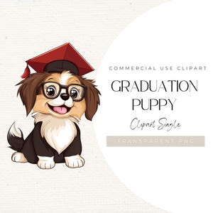 Graduation Dog Clipart – Cute Cartoon Puppy with Cap & Glasses PNG | Graduate Pet Illustration for Cards, Stickers and Gifts, 300 DPI