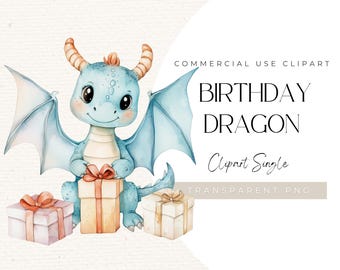 Ilustración de dragón de cumpleaños en acuarela – Decoración para fiesta de bebé niño (PNG)