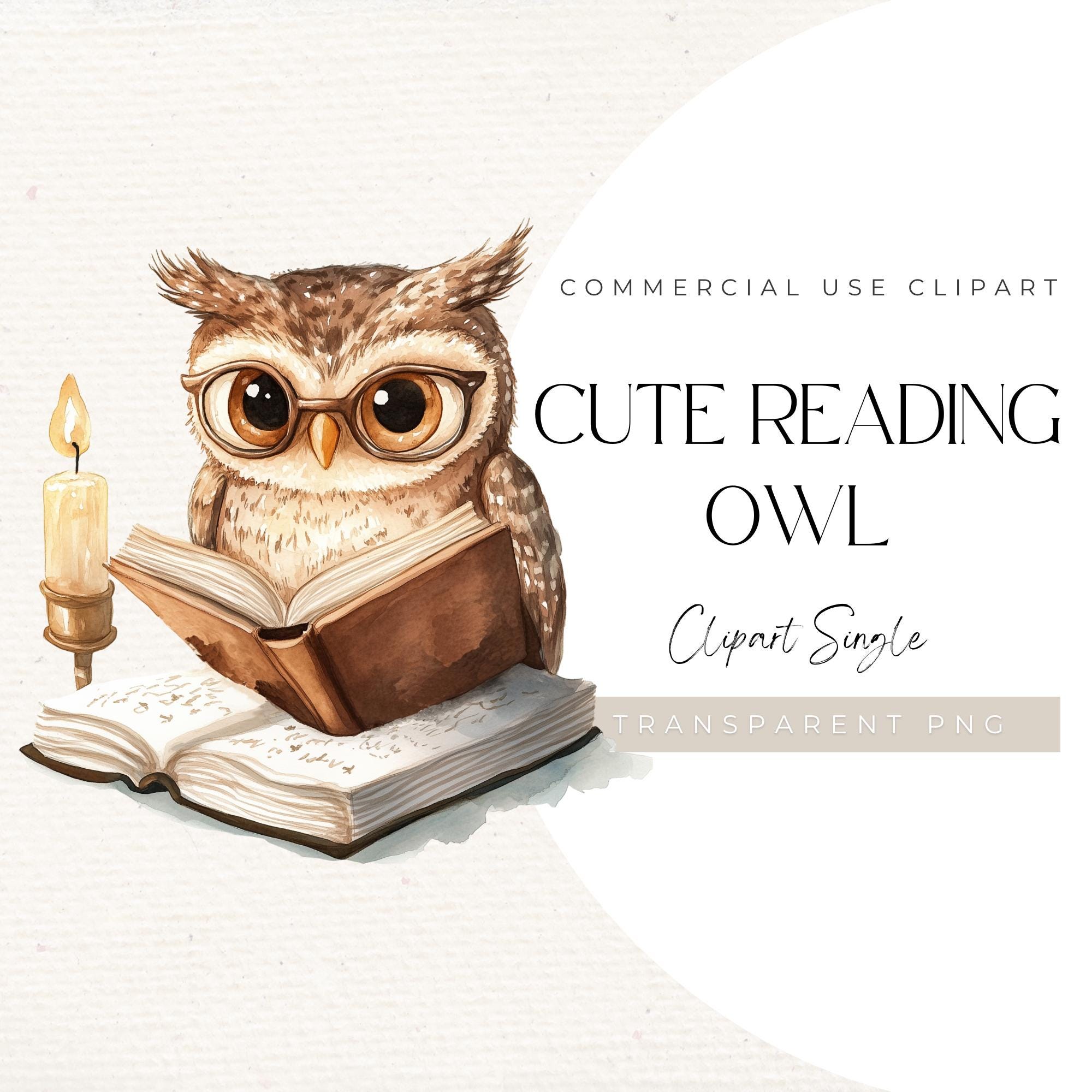 Watercolour Owl Reading Clipart &ndash; Cute Owl PNG with Candle & Glasses | Cozy Autumn Animal 