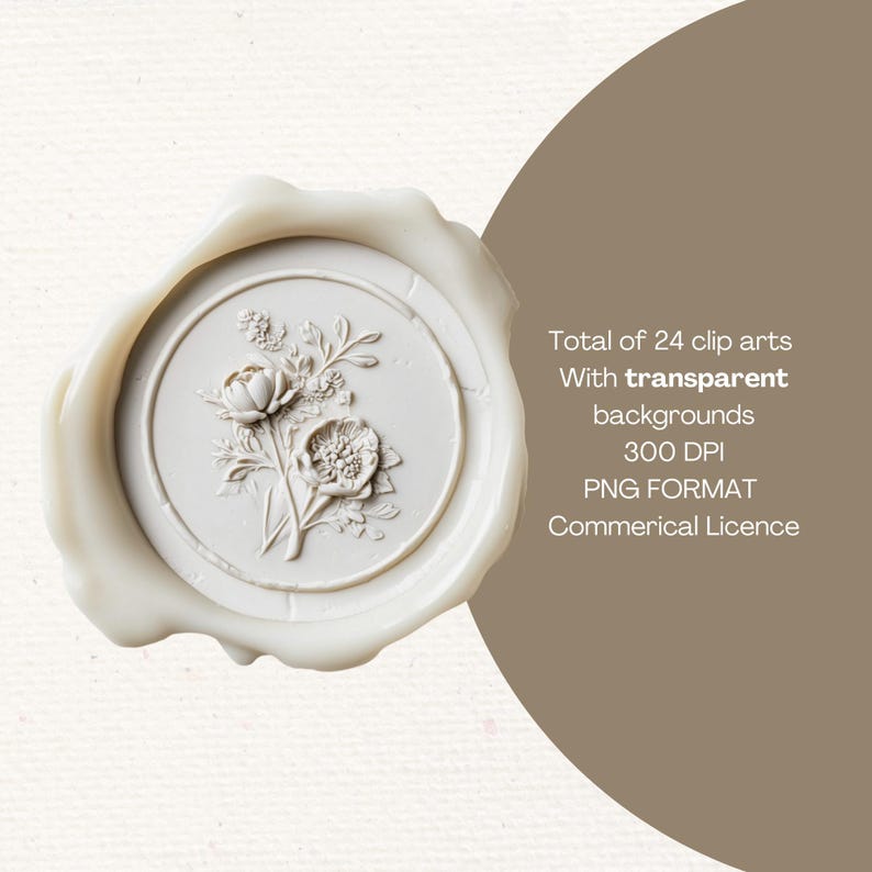 May include: A white wax seal with a floral design. The seal is 300 DPI and comes in PNG format with a commercial license. Total of 24 clip arts with transparent backgrounds.