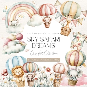 Safari Hot Air Balloon Clipart – 63 Watercolour PNGs | Baby Animals, Jungle Balloons, Pastel Clouds, Moon, Stars, Rainbow | Digital Download