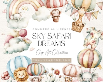 Safari Hot Air Balloon Clipart – 63 Watercolour PNGs | Baby Animals, Jungle Balloons, Pastel Clouds, Moon, Stars, Rainbow | Digital Download