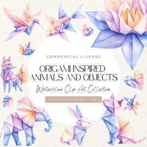 Puede incluir: Una colección de imágenes de arte recortable de acuarela con animales y objetos inspirados en origami. Las imágenes incluyen un zorro, un elefante, un conejo, un pez, un pájaro y una flor de loto. Las imágenes están en tonos de rosa, azul y amarillo.  LICENCIA COMERCIAL, ANIMALES Y OBJETOS INSPIRADOS EN ORIGAMI, Colección de imágenes de arte recortable de acuarela, PNG TRANSPARENTE.