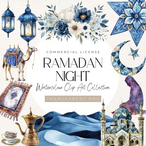 Könnte beinhalten: Aquarell-Clipart-Sammlung mit Illustrationen zum Thema Ramadan.  Enthält einen Halbmond und einen Stern, eine Moschee, ein Kamel, eine Laterne, ein Gebetsteppich, eine Teekanne, eine Tasse Kaffee und eine Wüstenlandschaft.