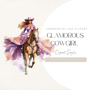 Clipart glamour di cowgirl - Donna in abito viola a cavallo PNG / Illustrazione di cavaliere di moda western per decorazioni per feste e arte murale, 300 DPI