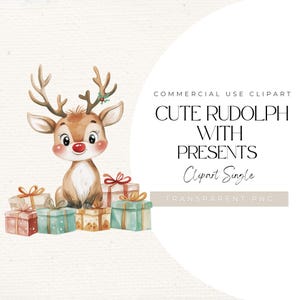 Schattige Rudolph met cadeautjes | ENKELE AFBEELDING | Rudolph het rode neusrendier, kerstpng, Rudolph-illustraties, 300 DPI, commerciële licentie