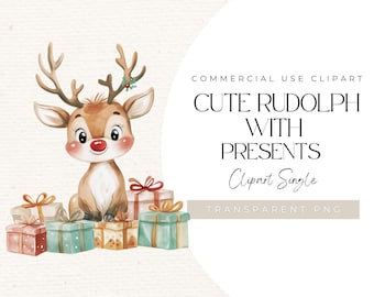 Niedlicher Rudolf mit Geschenken | EINZELBILD | Rudolph das Rentier mit der roten Nase, Weihnachten png, Rudolph Clip Art, 300 DPI, kommerzielle Lizenz
