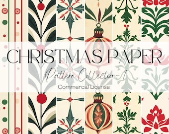 May include: A digital paper pack with 10 Christmas patterns featuring red, green, and white colors. The patterns include ornaments, snowflakes, and floral designs. The text "Christmas Paper Pattern Collection - 1 Commercial License" is displayed on the image.