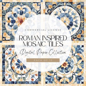 Puede incluir: Una colección de papel digital de 12 azulejos de mosaico de inspiración romana. Los azulejos presentan una combinación de colores azul, amarillo y naranja con intrincados diseños florales. LICENCIA COMERCIAL