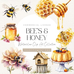 May include: Watercolour clip art collection of bees and honey.  Includes images of bees, honeycombs, honey jars, a beehive, and a honey cake.