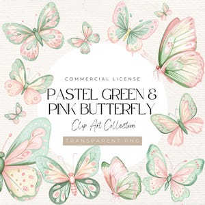 Clipart de borboleta pastel, PNGs rosa claro e verde | Ilustrações suaves de borboletas em aquarela, aniversário infantil, arte de berçário, decoração de chá de bebê