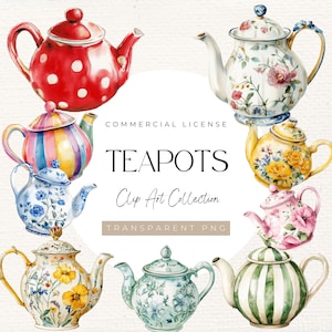 Clipart de tetera de acuarela: 18 PNG / Imágenes prediseñadas de té vintage, teteras florales, ilustraciones de vajillas de té en tonos pastel / Descarga digital instantánea