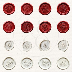 May include: Twelve wax seals, six red and six white, with a floral design. The seals are round and have a raised design.