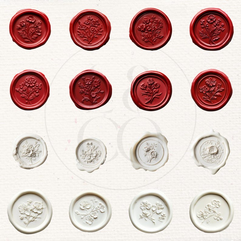 May include: Twelve wax seals, six red and six white, with a floral design. The seals are round and have a raised design.