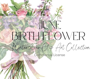 June Birth Flower Clipart, Rose & Honeysuckle, Watercolor Bouquet (Digital Download)