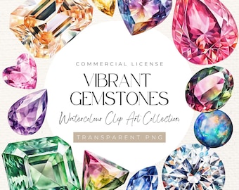 50 Piece Vibrant Watercolour Gemstone Clipart - PNG, Crystals, Birthstones, Jewels, Digital Download Transparent Background, Commercial Use
