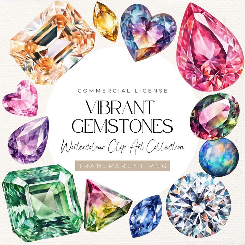 50 Piece Vibrant Watercolour Gemstone Clipart - PNG, Crystals, Birthstones, Jewels, Digital Download Transparent Background, Commercial Use – Transform your creative projects with this stunning 50-piece watercolour gemstone clipart bundle! Perfect for adding a touch of luxury, magic, and colour to everything from branding and logos to wedding invites, scrapbooking, planners, sublimation, and more